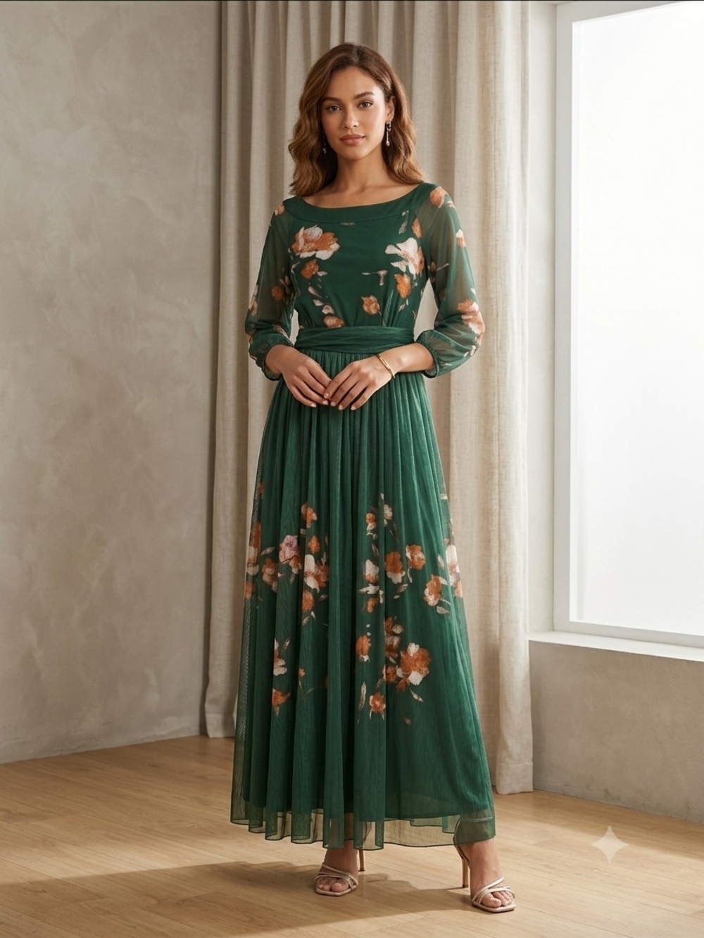 Elegant Green Floral Mesh Maxi Dress with Sheer Long Sleeves